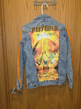Blue Denim Jean Jacket with Orange Sleeve Stripes and Colorful Back Art